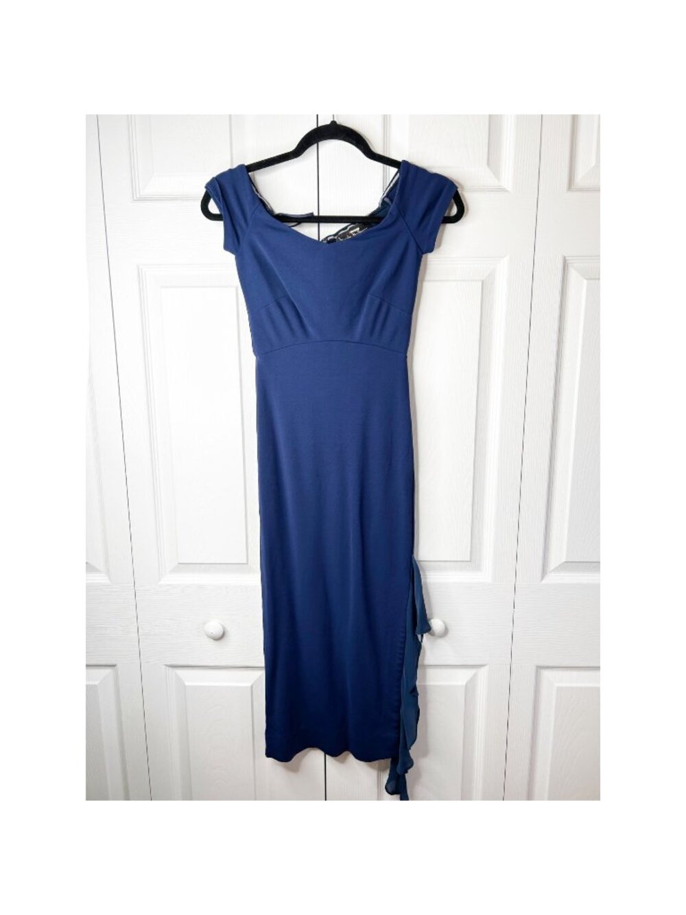 Nicole Miller Navy Blue Off The Shoulder Side Slit Sheath Midi Dress Women's 0